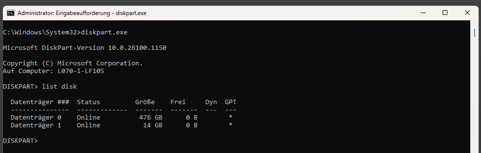 Oeffnen von diskpart.exe und Ausgabe der angeschlossenen Festplattten