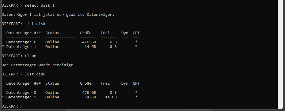 Bereinigung eines Datentraegers in diskpart.exe